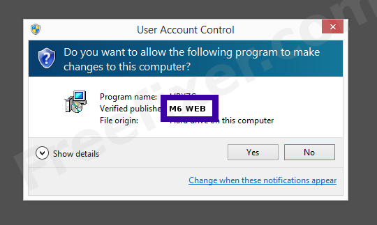 Screenshot where M6 WEB appears as the verified publisher in the UAC dialog
